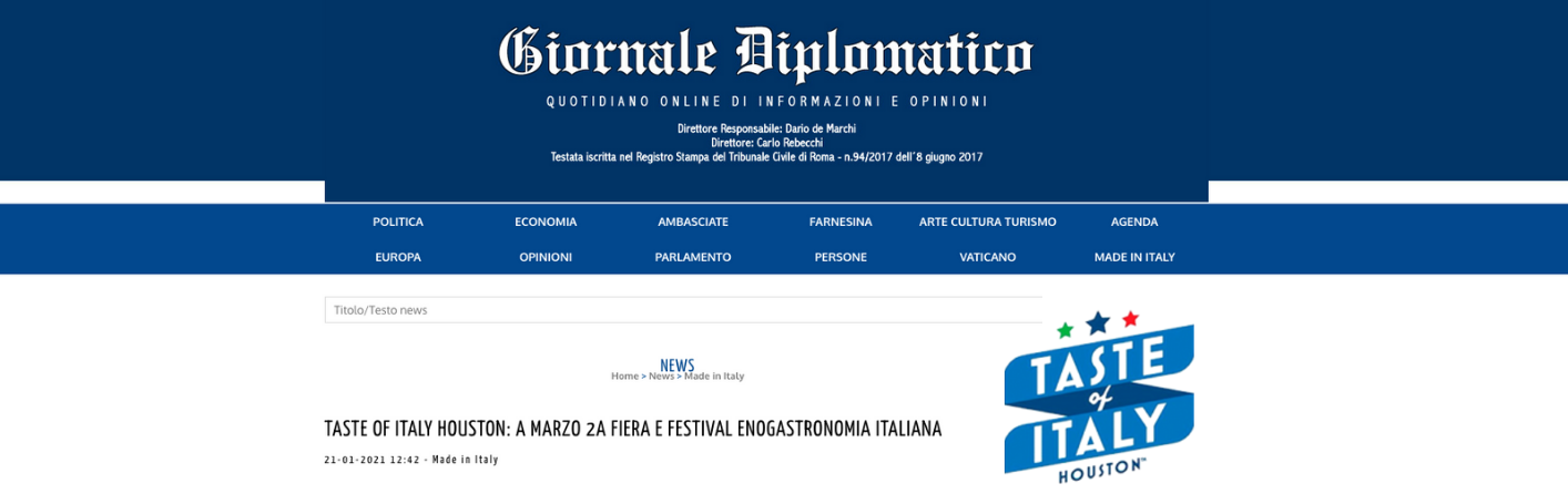 Giornale Diplomatico Features Taste of Italy 2021